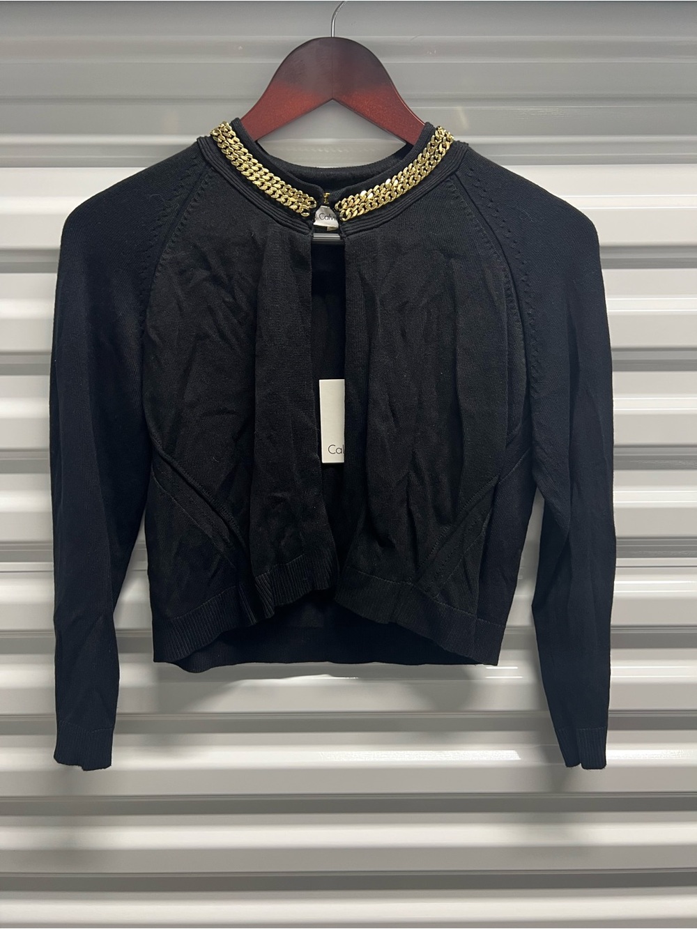 Calvin Klein Black Cropped Cardigan with Gold Chain Trim